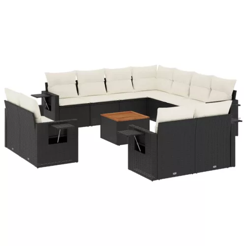  12 részes fekete polyrattan kerti ülőgarnitúra párnákkal