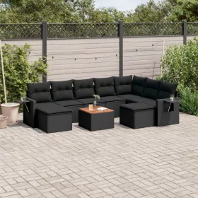    10 részes fekete polyrattan kerti ülőgarnitúra párnákkal