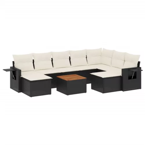  10 részes fekete polyrattan kerti ülőgarnitúra párnákkal