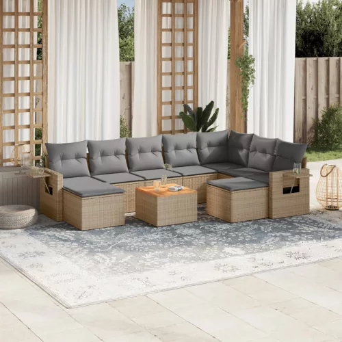 10 részes bézs polyrattan kerti ülőgarnitúra párnával