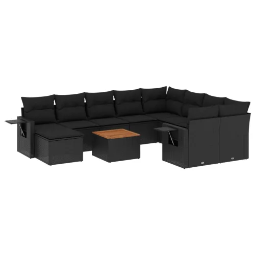  11 részes fekete polyrattan kerti ülőgarnitúra párnákkal