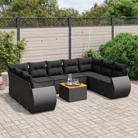    10 részes fekete polyrattan kerti ülőgarnitúra párnákkal