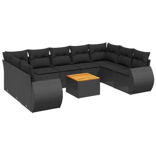  10 részes fekete polyrattan kerti ülőgarnitúra párnákkal