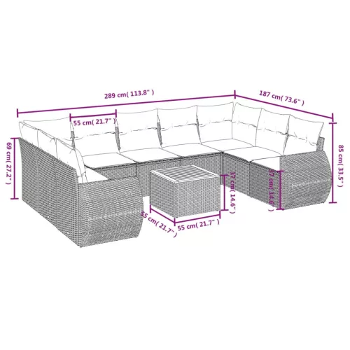  10 részes fekete polyrattan kerti ülőgarnitúra párnákkal