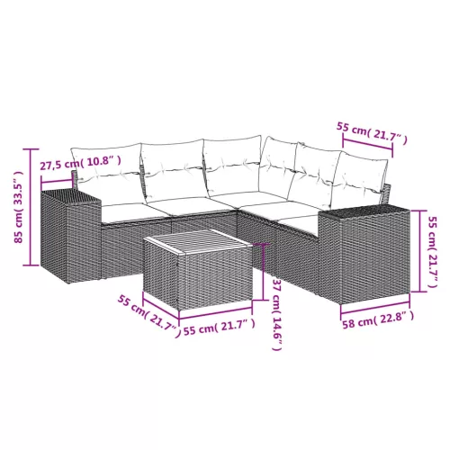  6 részes fekete polyrattan kerti ülőgarnitúra párnákkal