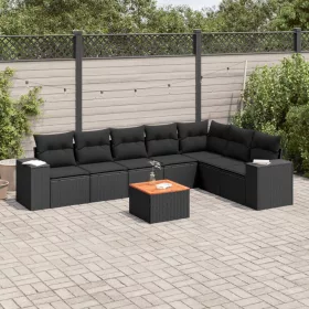    8 részes fekete polyrattan kerti ülőgarnitúra párnákkal