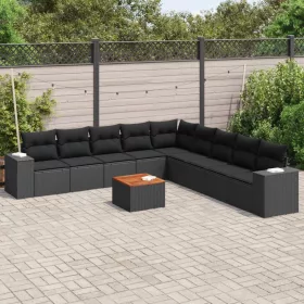    10 részes fekete polyrattan kerti ülőgarnitúra párnákkal