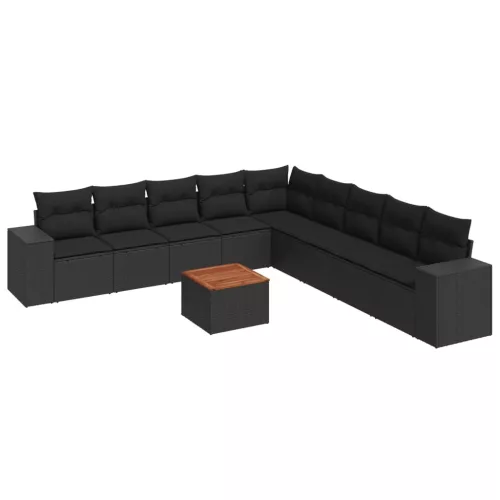  10 részes fekete polyrattan kerti ülőgarnitúra párnákkal