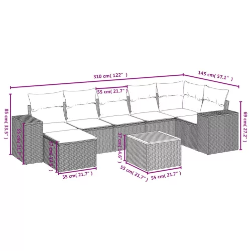  8 részes fekete polyrattan kerti ülőgarnitúra párnákkal