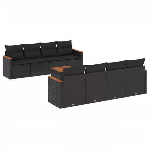  9 részes fekete polyrattan kerti ülőgarnitúra párnákkal