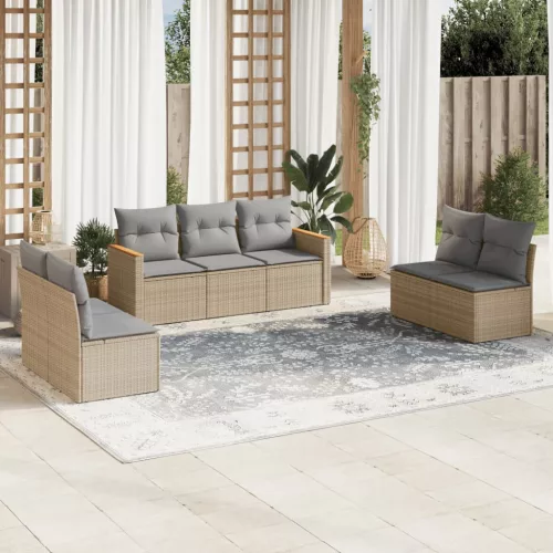  7 részes vegyes bézs polyrattan kerti ülőgarnitúra párnákkal