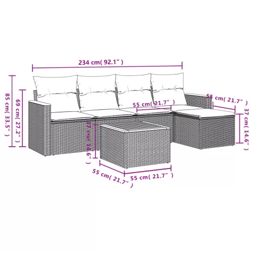  6 részes szürke polyrattan kerti ülőgarnitúra párnákkal
