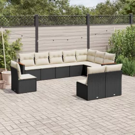    10 részes fekete polyrattan kerti ülőgarnitúra párnákkal