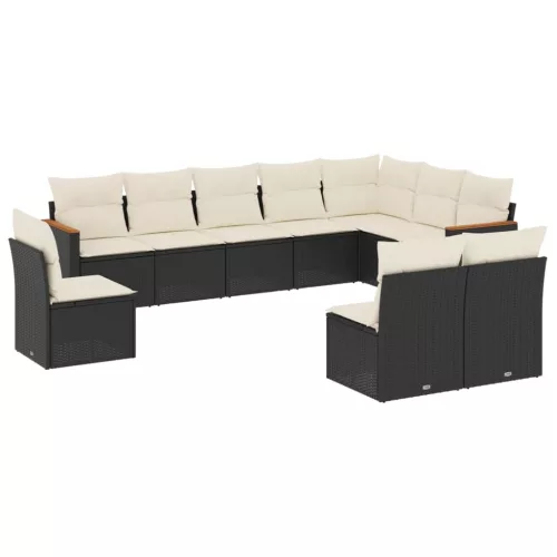  10 részes fekete polyrattan kerti ülőgarnitúra párnákkal