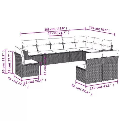  10 részes fekete polyrattan kerti ülőgarnitúra párnákkal