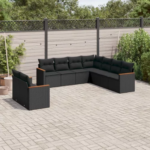  9 részes fekete polyrattan kerti ülőgarnitúra párnákkal