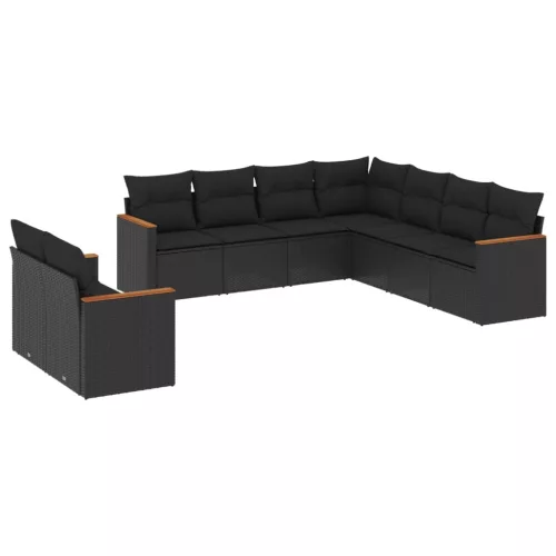  9 részes fekete polyrattan kerti ülőgarnitúra párnákkal