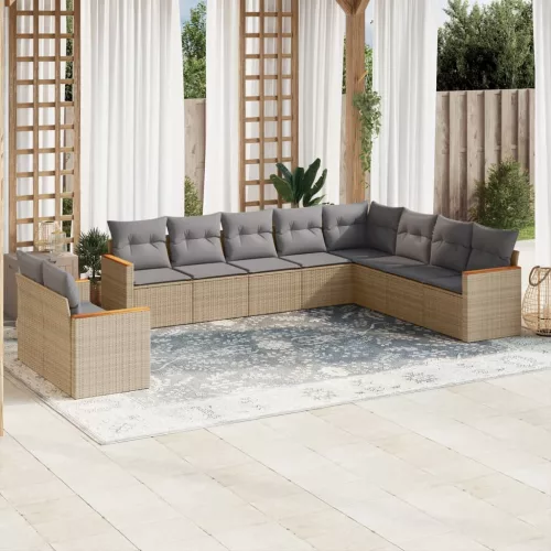 10 részes vegyes bézs polyrattan kerti ülőgarnitúra párnákkal