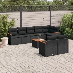    9 részes fekete polyrattan kerti ülőgarnitúra párnákkal