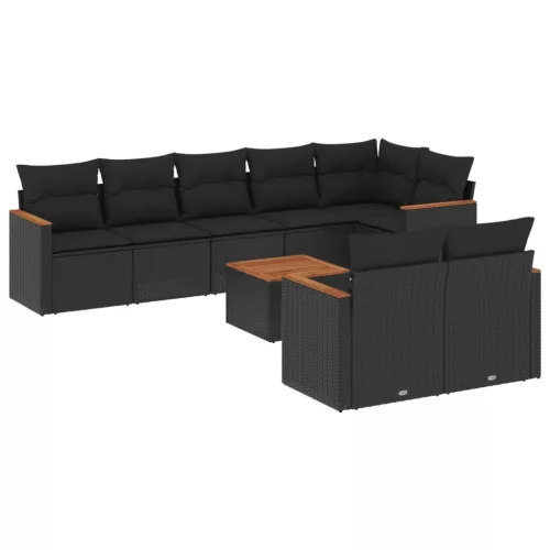 9 részes fekete polyrattan kerti ülőgarnitúra párnákkal