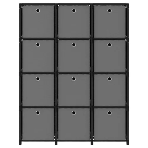  12 rekeszes fekete szövet bemutató polc dobozokkal 103x30x141cm