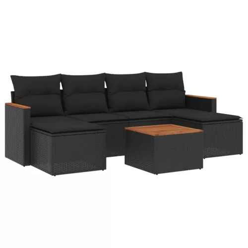  7 részes fekete polyrattan kerti ülőgarnitúra párnával