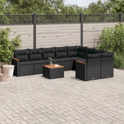  10 részes fekete polyrattan kerti ülőgarnitúra párnákkal
