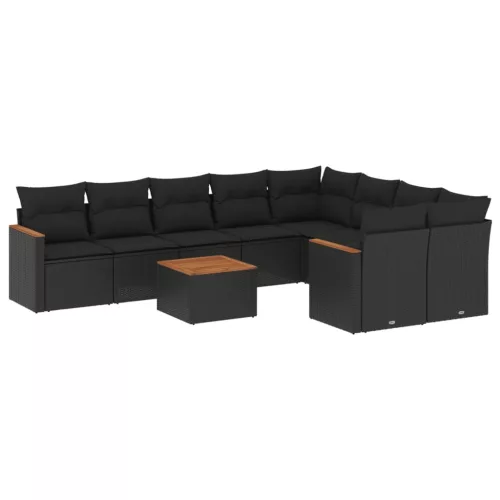  10 részes fekete polyrattan kerti ülőgarnitúra párnákkal