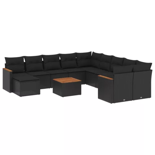  12 részes fekete polyrattan kerti ülőgarnitúra párnákkal