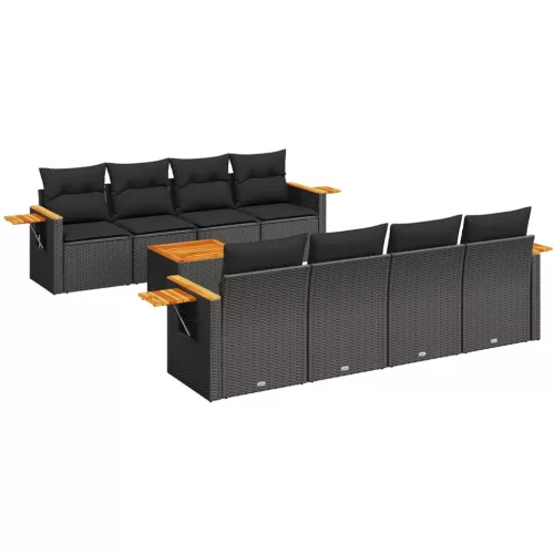  9 részes fekete polyrattan kerti ülőgarnitúra párnákkal