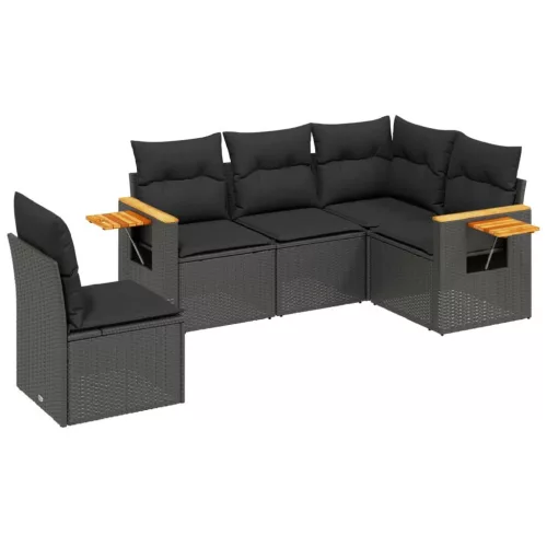  5 részes fekete polyrattan kerti kanapészett párnákkal