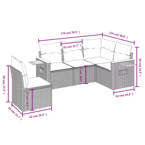  5 részes fekete polyrattan kerti kanapészett párnákkal