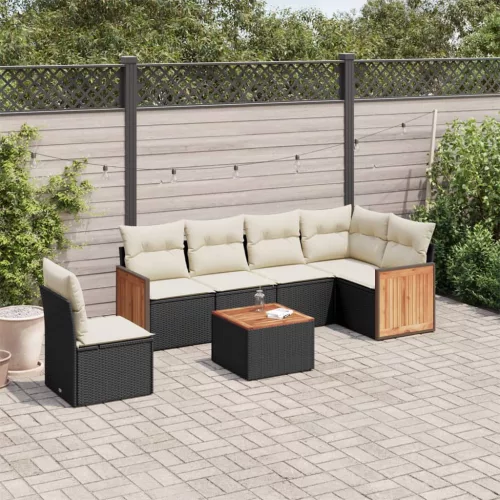  7 részes fekete polyrattan kerti ülőgarnitúra párnával