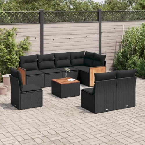  9 részes fekete polyrattan kerti ülőgarnitúra párnákkal