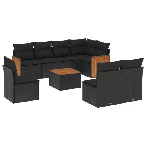  9 részes fekete polyrattan kerti ülőgarnitúra párnákkal