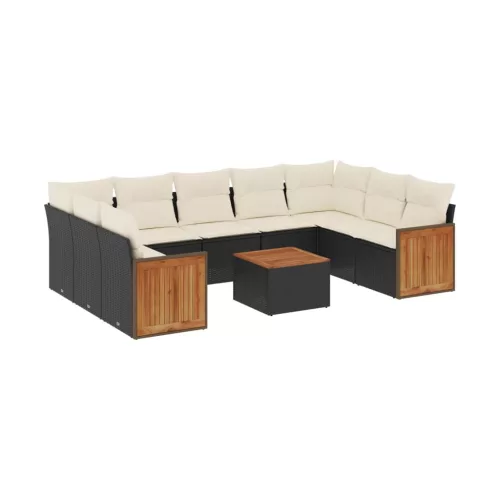  10 részes fekete polyrattan kerti ülőgarnitúra párnákkal