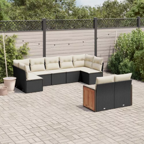  9 részes fekete polyrattan kerti ülőgarnitúra párnákkal