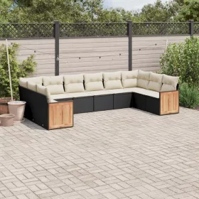    10 részes fekete polyrattan kerti ülőgarnitúra párnákkal