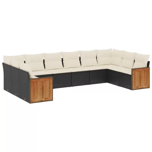  10 részes fekete polyrattan kerti ülőgarnitúra párnákkal
