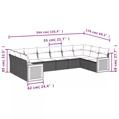  10 részes fekete polyrattan kerti ülőgarnitúra párnákkal