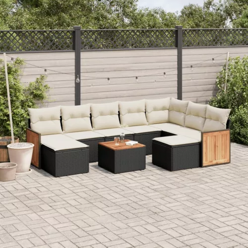  10 részes fekete polyrattan kerti ülőgarnitúra párnákkal