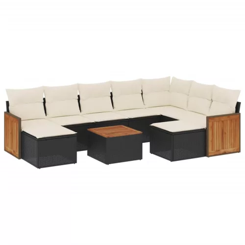  10 részes fekete polyrattan kerti ülőgarnitúra párnákkal
