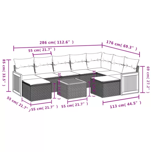  10 részes fekete polyrattan kerti ülőgarnitúra párnákkal
