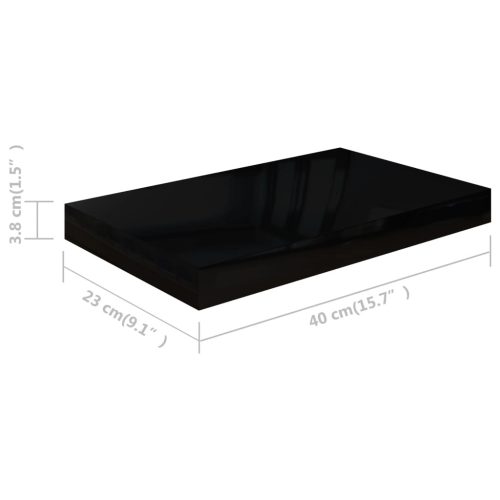  2 db magasfényű fekete MDF lebegő fali polc 40 x 23 x 3,8 cm