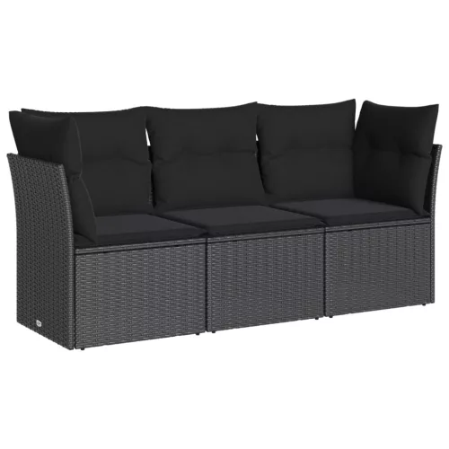  3 részes fekete polyrattan kerti ülőgarnitúra párnával