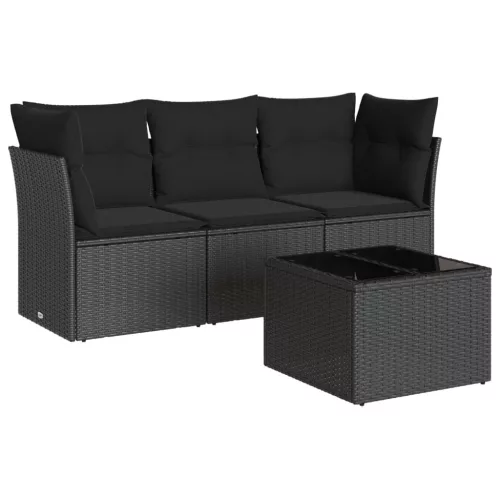  4 részes fekete polyrattan kerti ülőgarnitúra párnákkal