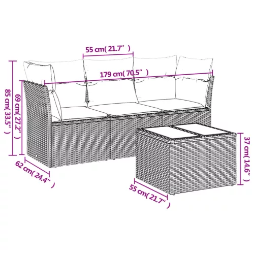  4 részes fekete polyrattan kerti ülőgarnitúra párnákkal