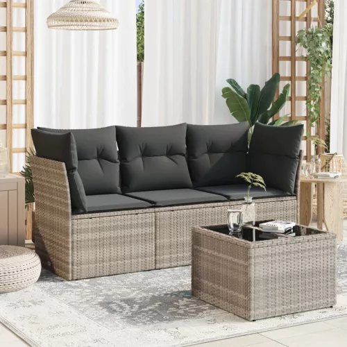  4 részes világosszürke polyrattan kerti ülőgarnitúra párnákkal