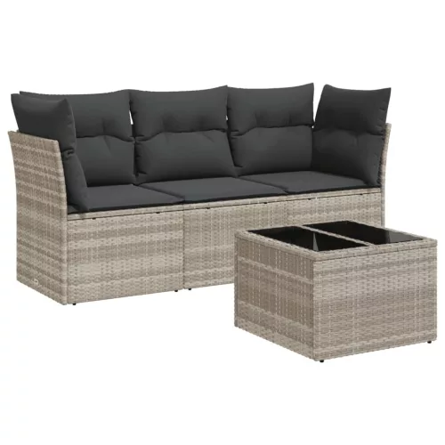  4 részes világosszürke polyrattan kerti ülőgarnitúra párnákkal