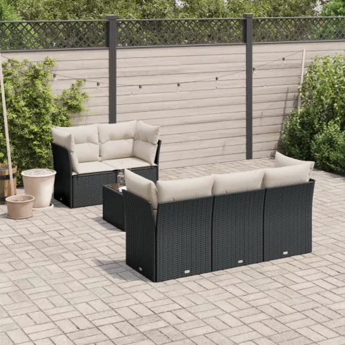  7 részes fekete polyrattan kerti ülőgarnitúra párnával